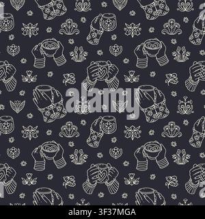 Hygge coffee cups and hands doodle icons seamless pattern. Cozy scandi mugs line art wallpaper Stock Vector