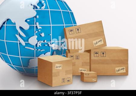 International logistics. Collage with globe and parcel boxes on white background. Panorama Stock Photo