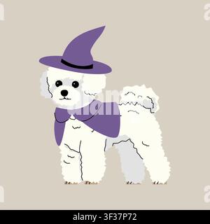 Cute white Bichon Frise dressed as a witch, wearing a purple pointed hat and cape, standing in a simple hand-drawn cartoon style on a neutral beige Stock Vector