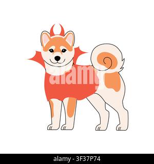 Cute Shiba Inu dog dressed as a little devil, wearing red horns and a cape, standing in a simple cartoon style and isolated on a clean white Stock Vector