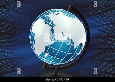 Global technologies. Planet Earth on stand surrounded by computer code,dark background. Creative collage Stock Photo