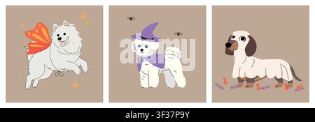 Cute Halloween dogs in costumes: fairy Samoyed, witch poodle and ghost dachshund, isolated on beige background. Stock Vector