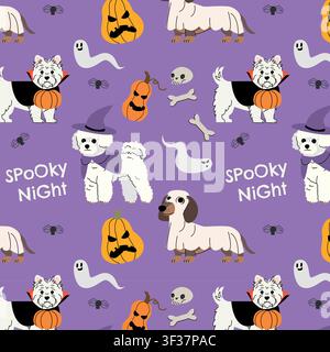 Seamless Halloween pattern featuring cute dogs in vampire, witch and ghost costumes, spooky pumpkins, flying ghosts, spiders, skulls, bones and Stock Vector
