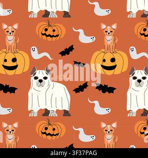 Seamless Halloween pattern featuring cute dogs in ghost costumes, a chihuahua sitting on a smiling pumpkin, jack-o-lanterns, flying bats, ghosts and Stock Vector