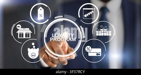 Collage with businessman pressing loyalty program button on virtual screen, panorama Stock Photo