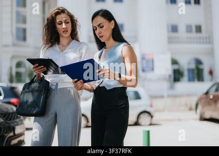 Two businesswomen reviewing documents and discussing details outdoors near an office building Stock Photo