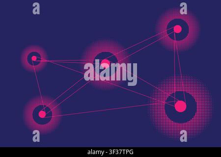 Futuristic purple neon halftone background with glowing circular elements. Ideal for technology branding, gaming visuals, presentations, and digital m Stock Vector