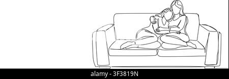continuous line drawing of two women cuddling on a couch, line art vector illustration Stock Vector
