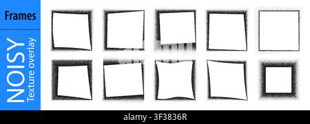Sprayed point square and noisy gradient frame, edge pattern. Abstract grain airbrush bg of geometric vector shape for dust paint effect. Shadow elemen Stock Vector