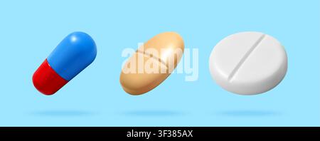 Set of 3d medical pills on blue Stock Vector