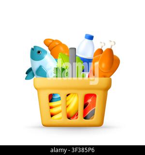 3D Shopping basket filled with grocery. Stock Vector