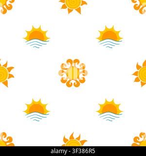 Seamless pattern with yellow suns rising over blue sea waves. Minimalist Stock Vector