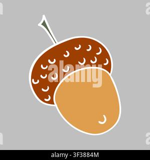 Isolated brown acorn. White outline, gray background. Simple and bright design style, perfect for autumn themes, seasonal decor, forest elements, and Stock Vector