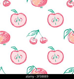 Seamless pattern with hand-drawn red apples, cherries and hearts on white background. Cute crayon texture illustration for kids textiles, wallpaper, g Stock Vector