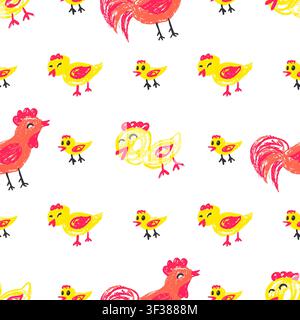 Seamless pattern with hand drawn red hens and yellow baby chicks on white background. Cute crayon texture illustration, design Stock Vector