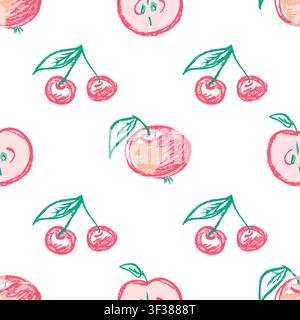 Seamless pattern with hand-drawn red apples, cherries and hearts on white background. Cute crayon texture illustration for kids textiles, wallpaper, g Stock Vector