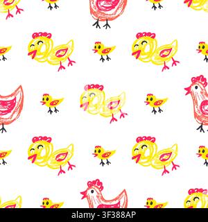 Seamless pattern with hand drawn red hens and yellow baby chicks on white background. Cute crayon texture Stock Vector