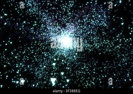 Cosmic particle starfield explosion background. Glowing cyan digital particle flash effect. Stock Photo