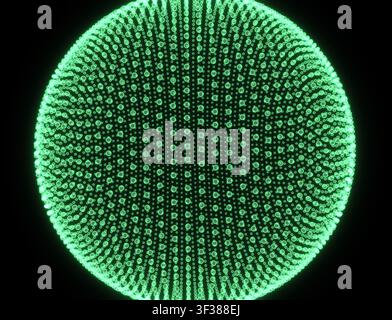 Green wireframe particle sphere on black background. Glowing digital green matrix globe core. Stock Photo