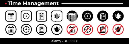 Time Management Icon Set with Calendar Clock Checklist and Notification Bell Flat Vector Collection Stock Vector