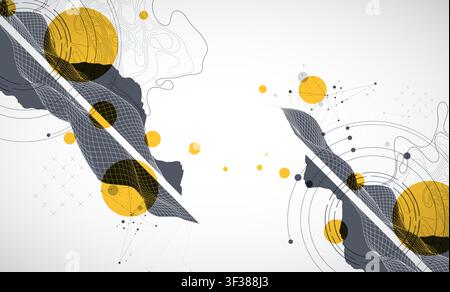 Abstract digital landscape with wireframe terrain, geometric circles, and plexus art. Vector Stock Vector