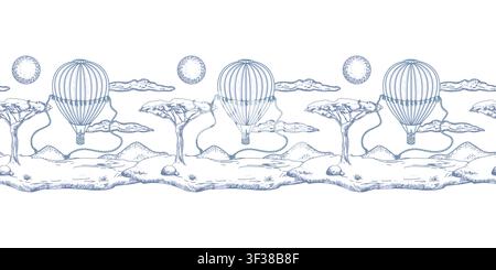Hot air balloon flying through the clouds over a savanna landscape with acacia trees, seamless border. Hand drawn vector illustration. Greeting cards, Stock Vector