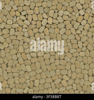 An overhead top down view of smooth beige cobblestones forming a mosaic pavement background. Stock Photo