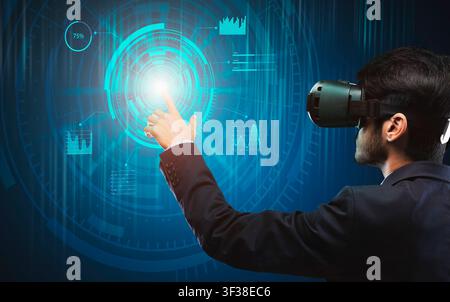 Business And Technologies. Businessman Wearing VR Glasses Touching Virtual Screen, Creative Collage Stock Photo