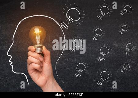 Ideas And Creativity. Hand Holding Glowing Light Bulb Over Sketched Human Silhouette Stock Photo