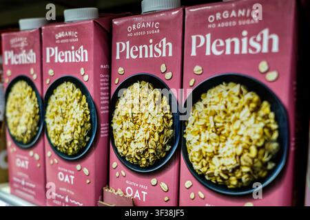 London UK, July21 2026, A Close-Up Of A Supermarket Shelf Display Inside Waitrose Featuring Cartons Of Plenish Organiic Gluton-Free Oat Milk Drink Stock Photo