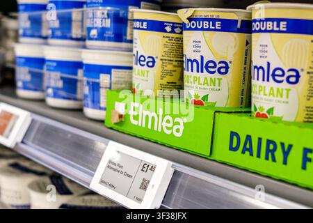 London UK, July21 2026, A Close-Up Shot Of A Supermarket Display Inside Waitrose Featuring Cartons Of Elmlea Plant-Based Double Cream, No People Stock Photo