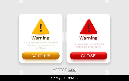 UI Warning Pop-up Windows. Set of two error message notifications with 3D icons and buttons. Vector illustration Stock Vector