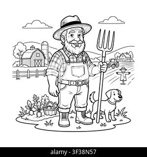 Friendly farmer with pitchfork and dog on a farm, cartoon outline coloring book page style.  Stock Vector