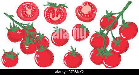 Vector watercolor red tomato set. Hand drawn fresh tomatoes vegetables illustration. Trendy vintage isolated design elements with whole fruit, slices Stock Vector
