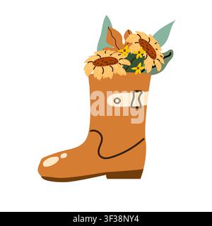 Autumn orange boot with sunflower and fall leaves in cartoon flat style. Cute autumn vibe design for greeting cards and invitations. Hand drawn vector Stock Vector