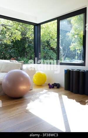 Pale pink stability ball is resting on wood floor beside sofa by corner windows with dumbbells Stock Photo