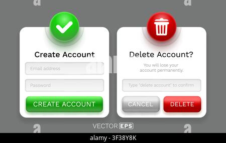 Modern UI forms for account creation and deletion, featuring a clean, intuitive design. Ideal for web apps. Vector illustration. Stock Vector