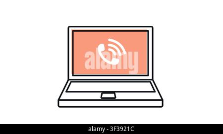 Laptop phone call icon: portable notebook computer displaying telephone handset symbol on screen, modern offset color line art vector illustration for Stock Vector