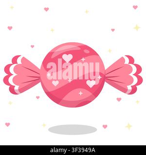 Bold magenta hot pink pastel wrapped candy with heart and star patterns isolated on white. Perfect for fun parties and vibrant sticker designs. Flat v Stock Vector