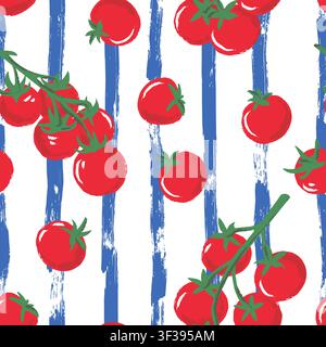 Red tomato seamless pattern on blue striped background. Vector hand drawn watercolor illustration. Fresh organic vegetable package background. Wrappin Stock Vector