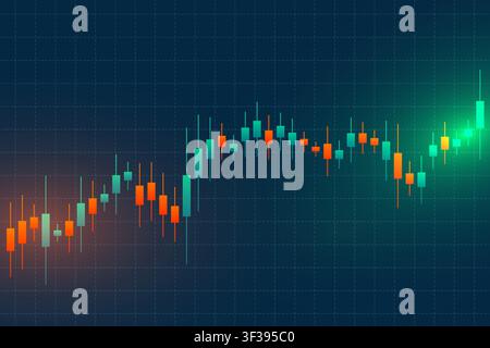 A colorful candlestick chart depicting financial market activity with green and orange candles, suggesting upward momentum, volatility and technical Stock Vector