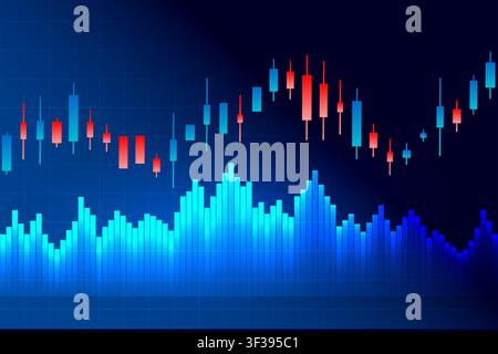 Colorful candlestick chart with volume histogram on a dark blue background illustrating stock market activity, trading trends, data analysis. Stock Vector