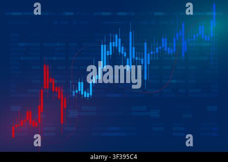 Colorful candlestick stock chart on a dark blue background illustrating trading activity, market trends, volatility and financial analysis for invest Stock Vector