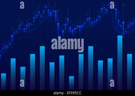 High-contrast blue stock market chart featuring candlestick lines and 3D bar graphs to illustrate trading activity, market trends, financial analytics Stock Vector