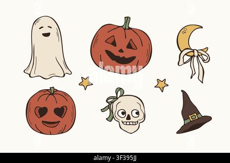 Hand drawn Halloween cute ghost pumpkin and skull colorful doodle set Stock Vector