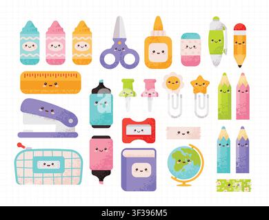 Cute Back to School Supplies Vector Set, Kawaii Cartoon Stationery Icons and Stickers Stock Vector