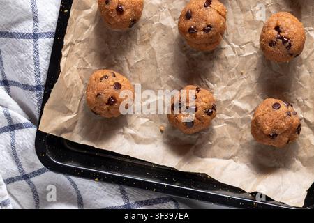 A pan of peanut butter and chocolate chip high protein energy balls. Stock Photo