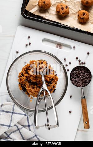 A bowl of a peanut butter and chocolate chip energy ball mixture. Stock Photo