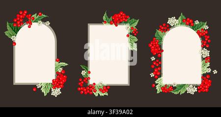 Viburnum Guelder Red Berry Frame Set Decorative Banner Border Card Invitation Vector Fall Retro Frame Autumn Fruit Stock Vector