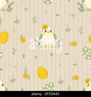 Easter Birds Seamless Pattern Eggs Flowers Stripes Whimsical Handdrawn Bird Spring Vector Background Stock Vector